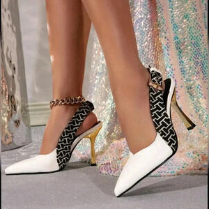 Women'S Buckle Closure Pointed Toe Hollow Out Splice Stiletto Heels, White Dress